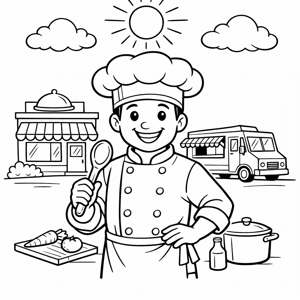 Free printable coloring page: A Joyful Chef In A Bustling Kitchen Flips…, for ages 7-12