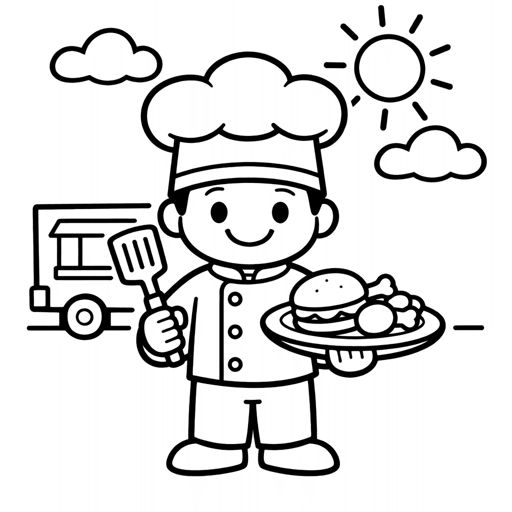 Free printable coloring page: A Fun-loving Chef In A Food Truck Parks…, for ages 3-6