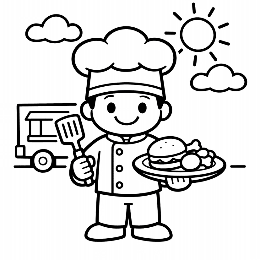 Free printable coloring page: A Fun-loving Chef In A Food Truck Parks…, for ages 3-6