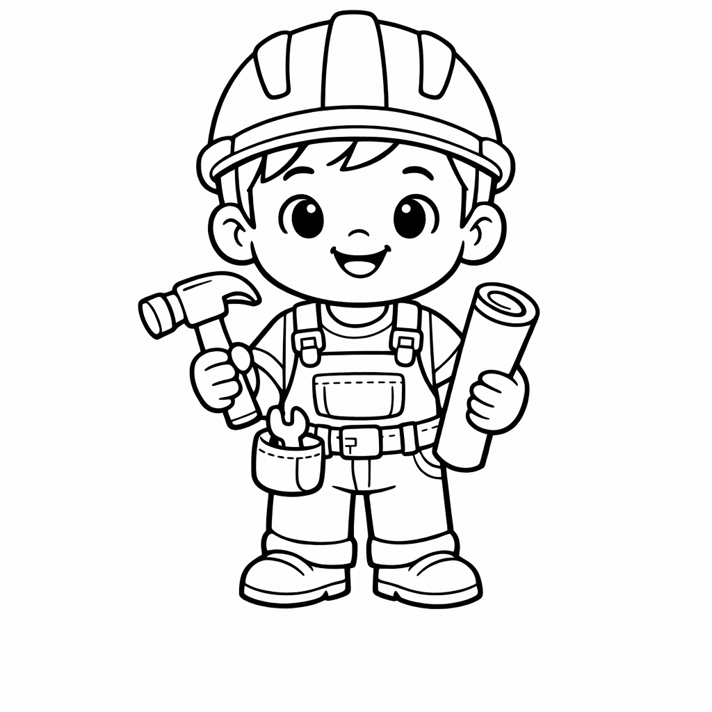 Free printable coloring page: A Heroic Construction Worker Stands Atop A Partially…, for ages 7-12
