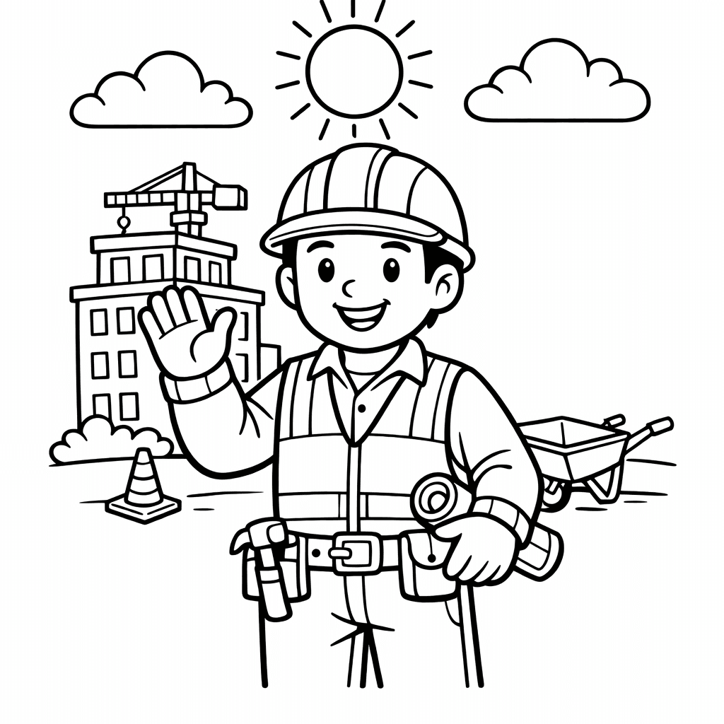 Free printable coloring page: In A Busy City Park, A Construction Worker…, for ages 7-12