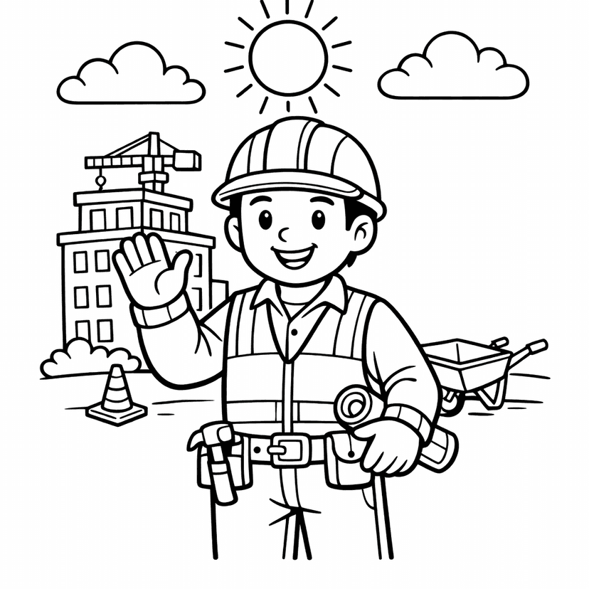 Free printable coloring page: A Cheerful Construction Worker, Wearing A Bright Hard…, for ages 7-12