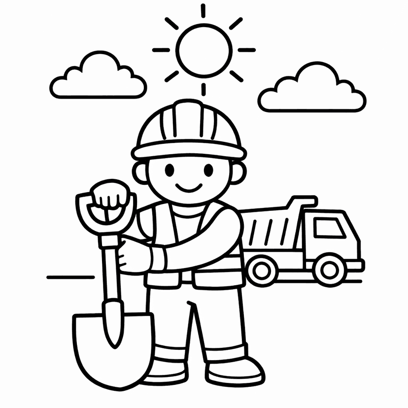 Free printable coloring page: A Whimsical Construction Worker And A Playful Dog…, for ages 3-6