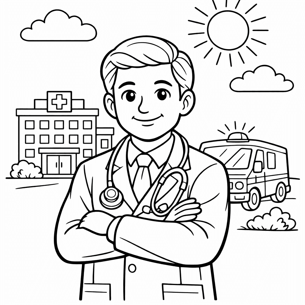 Free printable coloring page: Inside A Medical Office, A Serious-looking Doctor Examines…, for ages 7-12