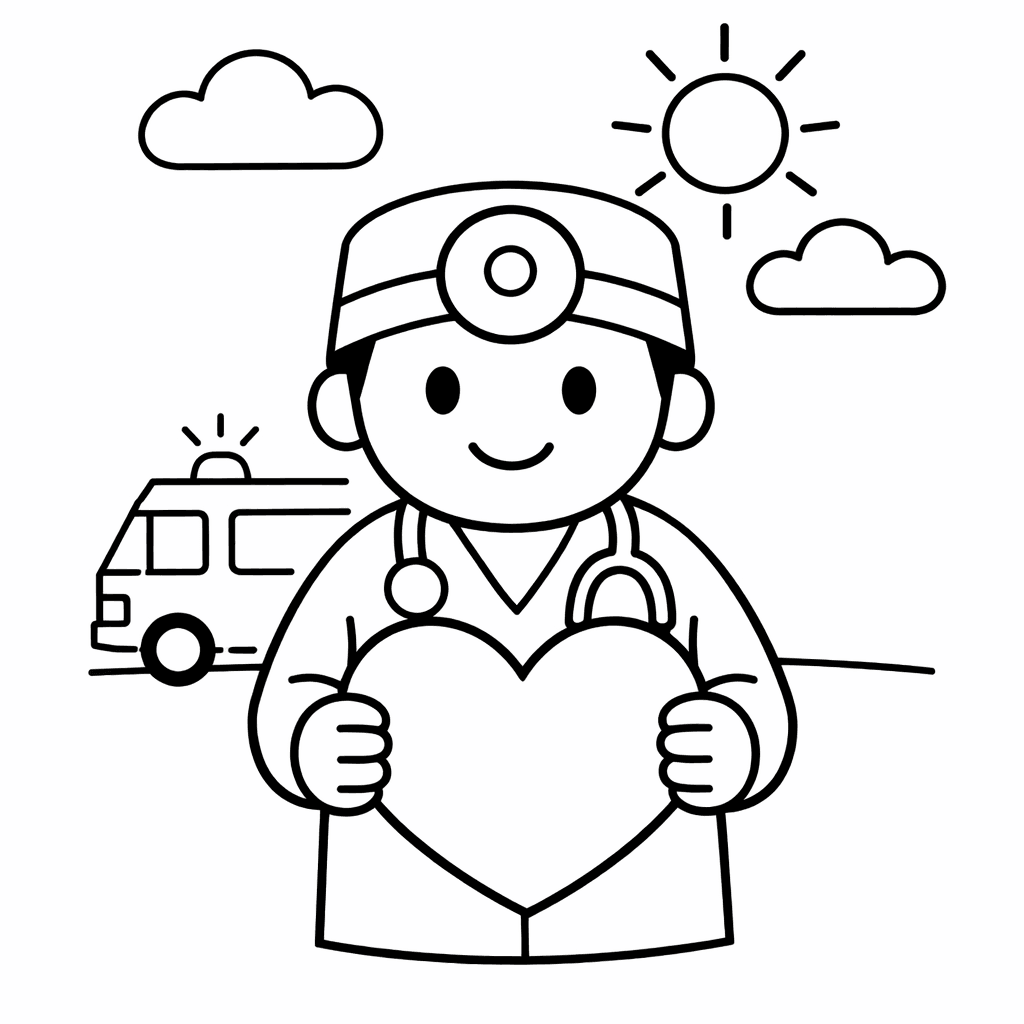 Free printable coloring page: A Doctor Holding A Giant, Whimsical Thermometer Stands…, for ages 3-6
