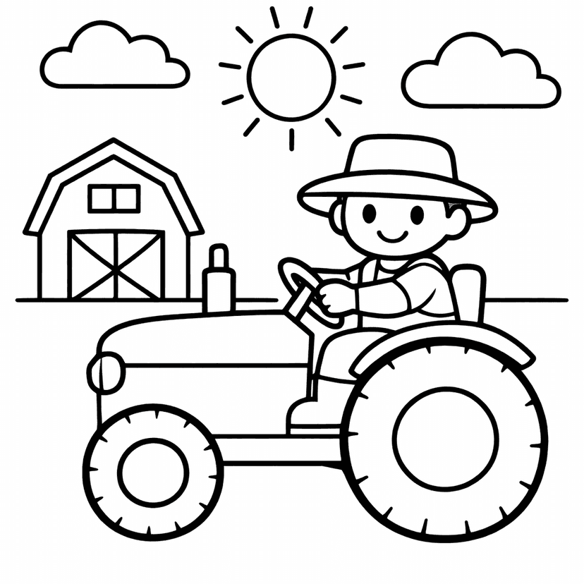 Free printable coloring page: High Above A Lush Farm, A Determined Farmer…, for ages 3-6