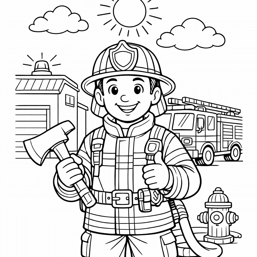 Free printable coloring page: A Firefighter Sprays Water On A Colorful, Cartoonish…, for ages 7-12