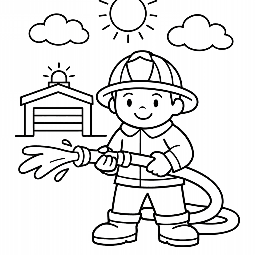 Firefighter Coloring Page — A Firefighter Stands Confidently On A Hilltop, With…