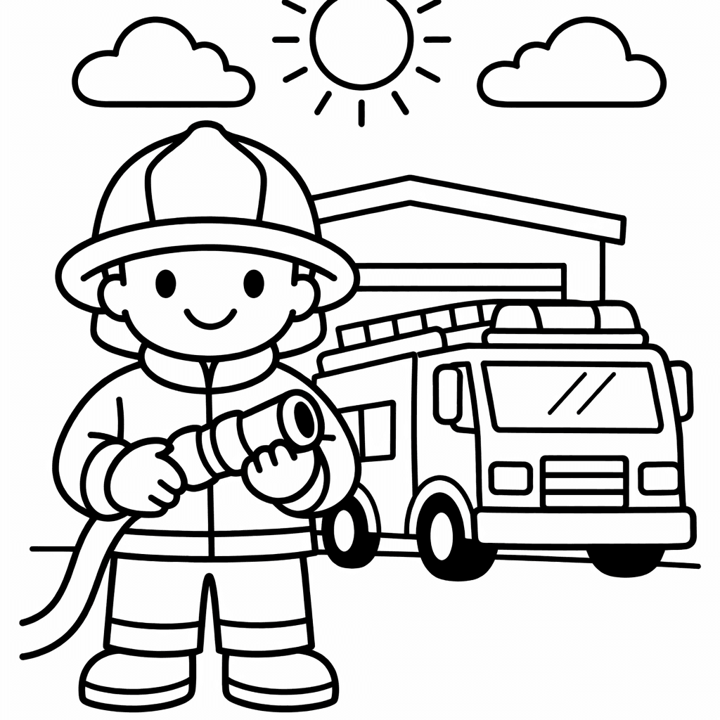 Free printable coloring page: A Firefighter Trains With A Group Of Friendly…, for ages 3-6