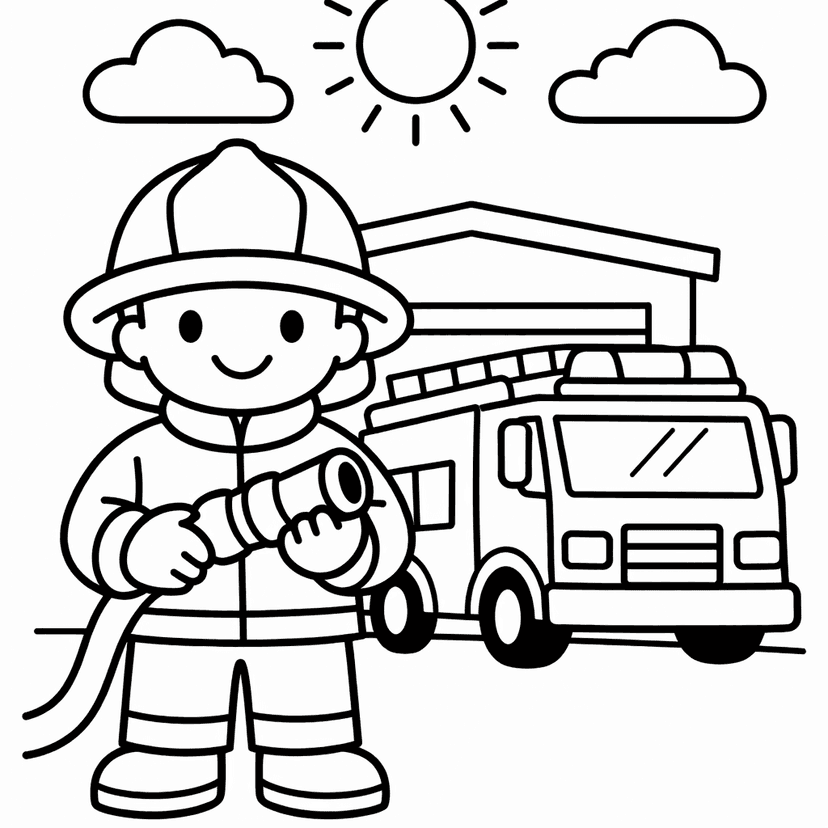 Free printable coloring page: In A Cozy Living Room, A Firefighter Shares…, for ages 3-6