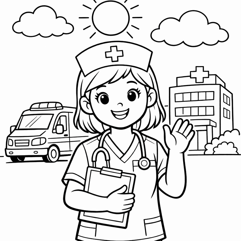 Free printable coloring page: A Playful Nurse In A Whimsical Fantasy Land…, for ages 7-12