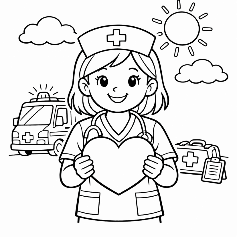 Free printable coloring page: A Cheerful Nurse Kneels Beside A Colorful Garden,…, for ages 7-12