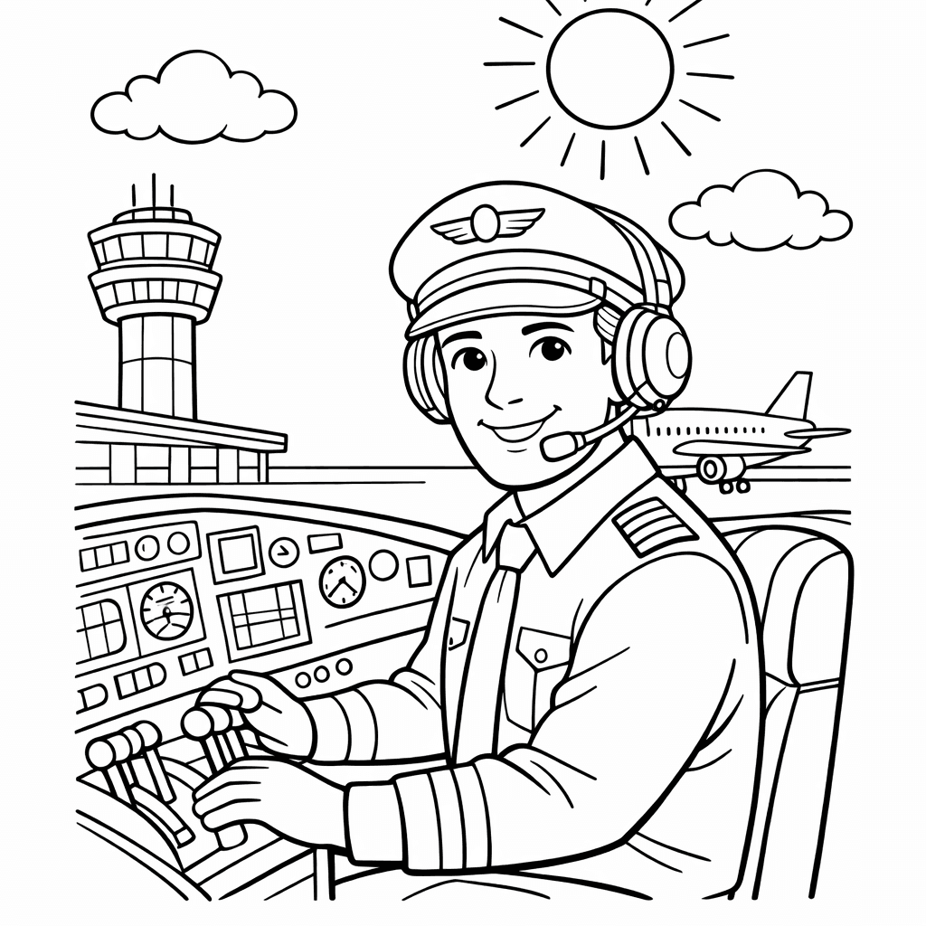 Free printable coloring page: A Cheerful Pilot In A Bright Red Cap…, for ages 7-12