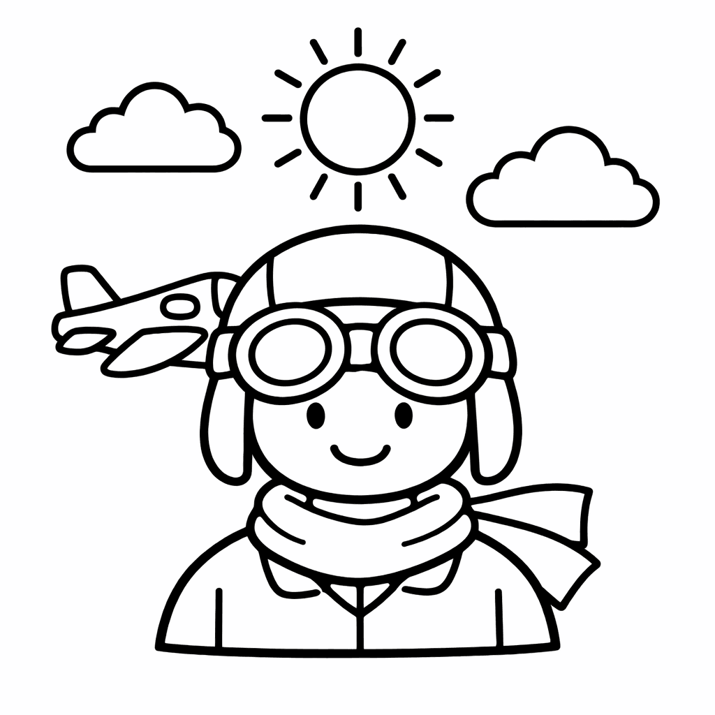 Free printable coloring page: In A Whimsical Scene, A Pilot In A…, for ages 3-6