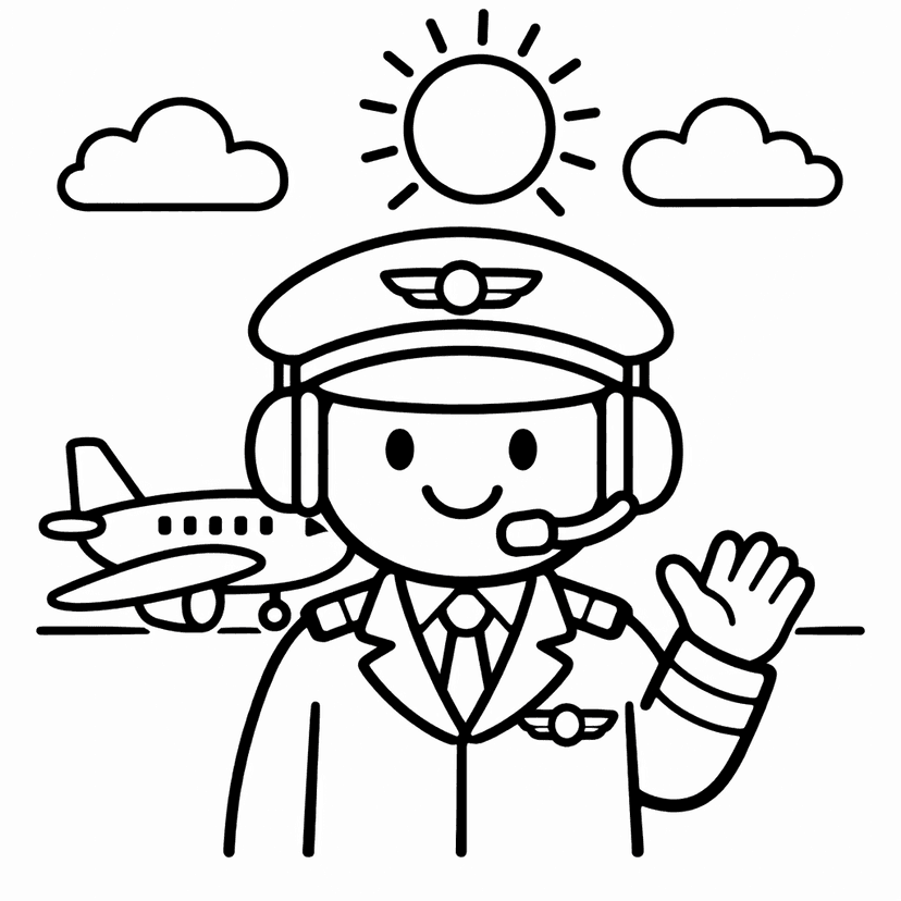 Free printable coloring page: A Cheerful Pilot In A Bright Red Cap…, for ages 3-6