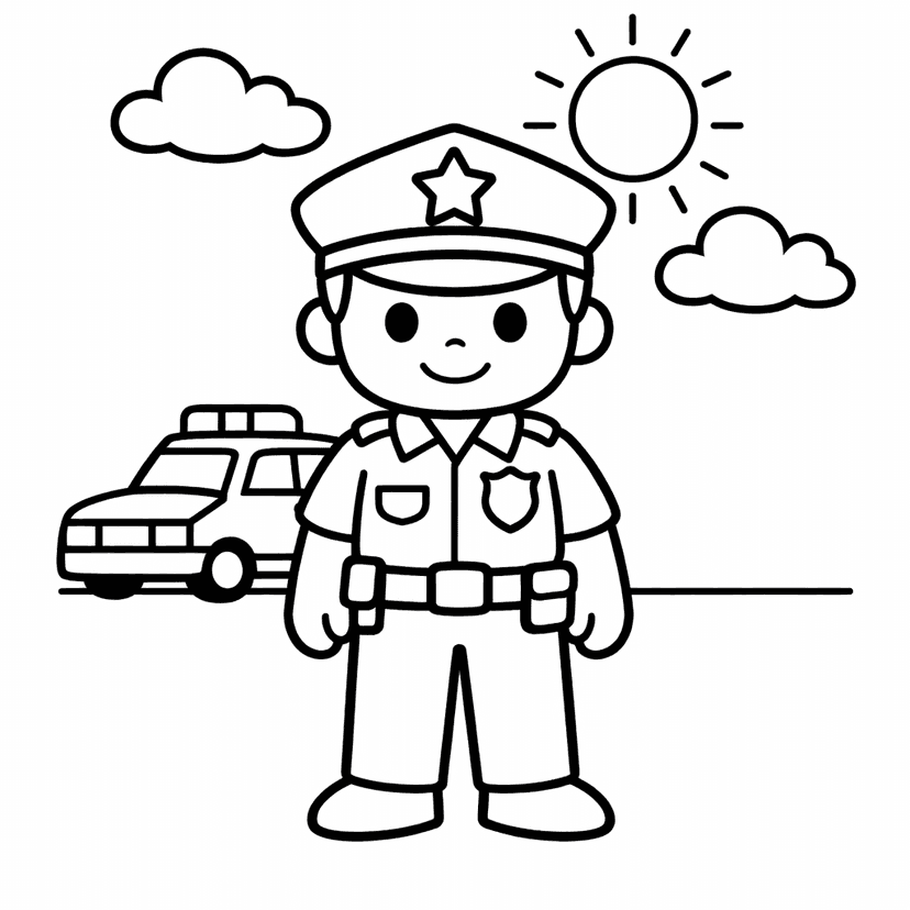 Free printable coloring page: Inside A Police Station, A Police Officer Sits…, for ages 3-6