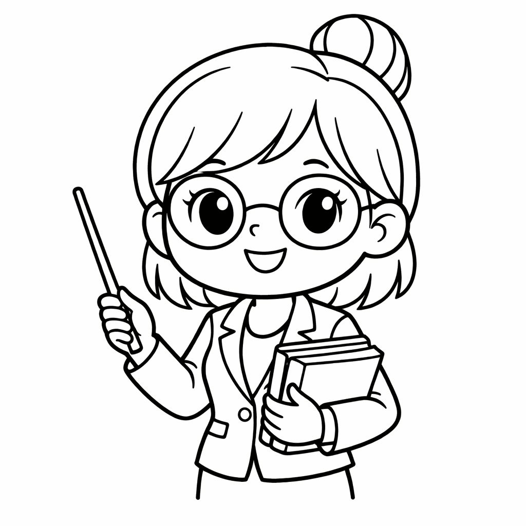 Free printable coloring page: A Serious Teacher Points To A Large Chalkboard…, for ages 3-6