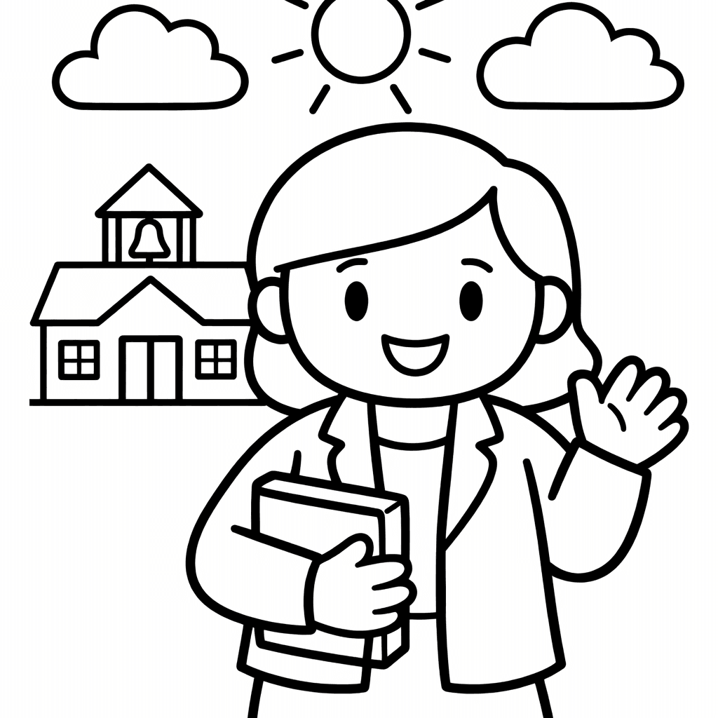 Free printable coloring page: In A Cozy Classroom, A Teacher Kneels Beside…, for ages 3-6