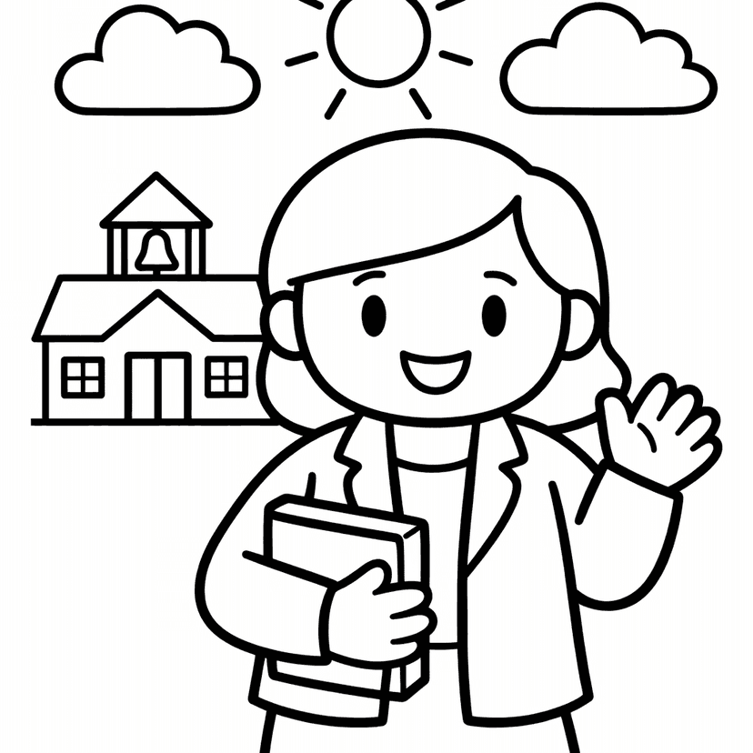 Free printable coloring page: A Cheerful Teacher Stands Outside Under A Tree,…, for ages 3-6