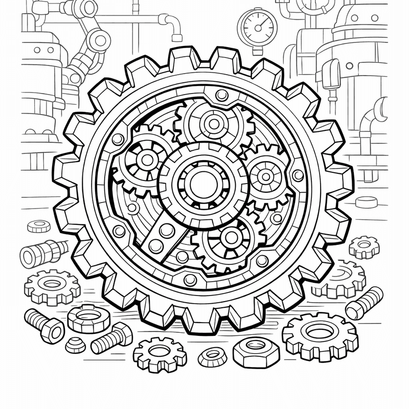 Free printable coloring page: Gear And Robot, for ages 7-12