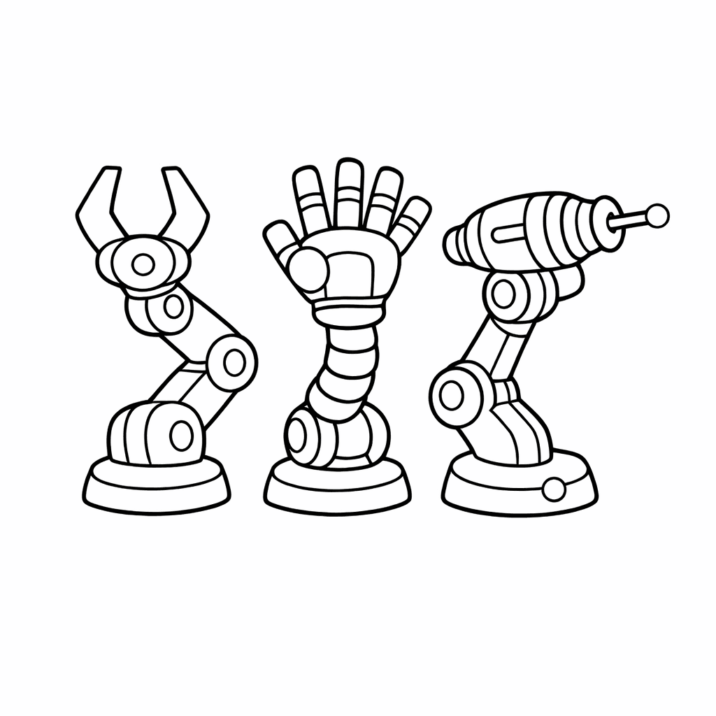 Robot Arm Coloring Page — Robot Arm Juggling Colorful Factory Gears While Laughing.