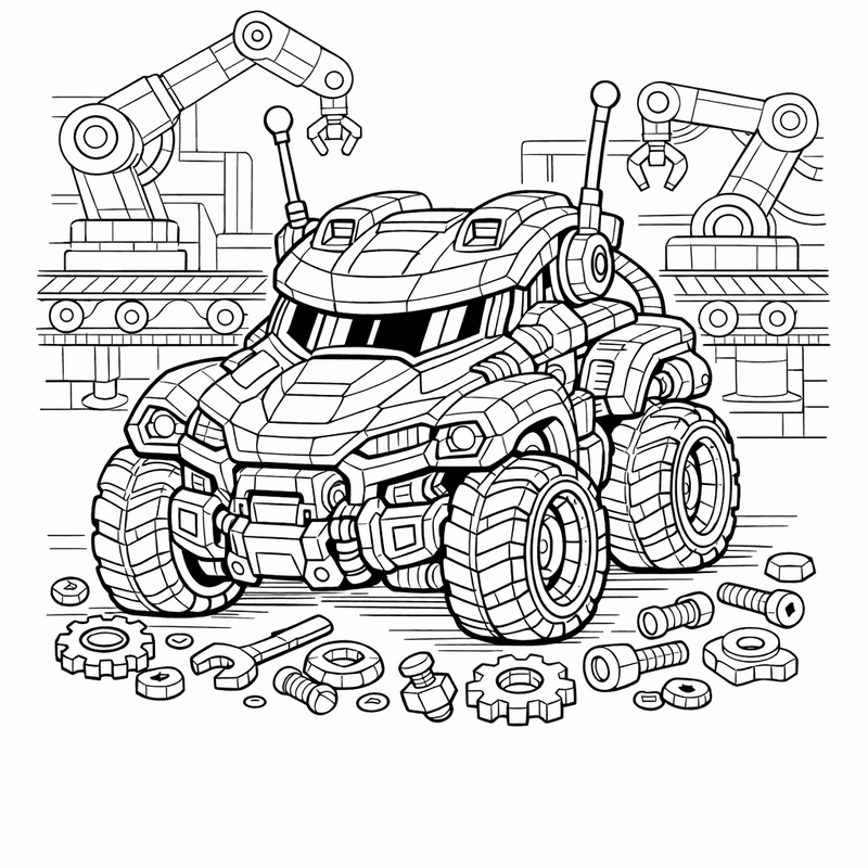 Free printable coloring page: Robot Car And Wheels, for ages 7-12