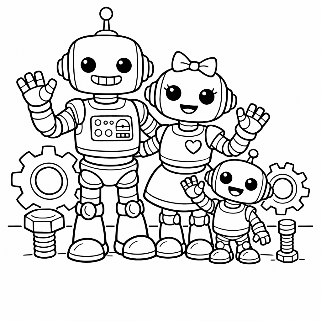 Robot Family Coloring Page — Robot Mom Reading A Book In A Cozy…