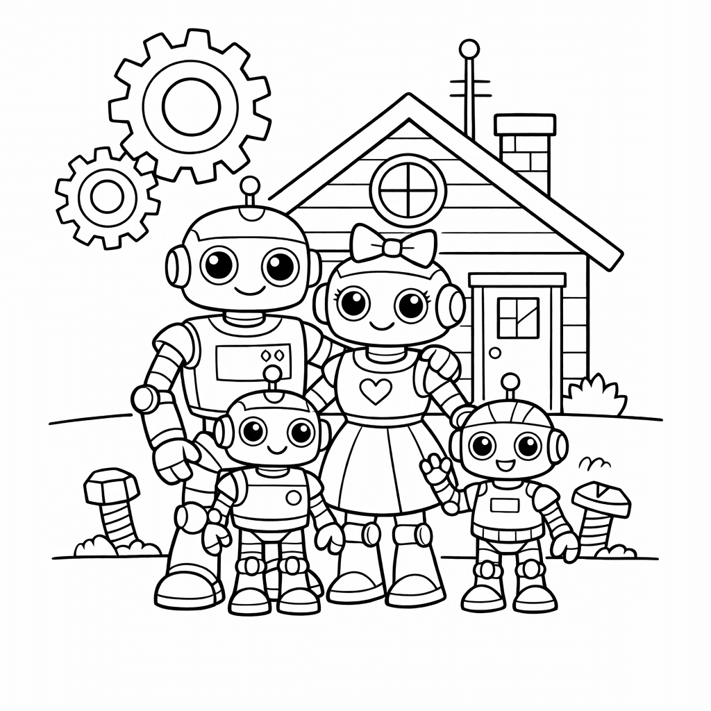 Robot Family Coloring Page — Robot Dad Grilling Burgers In A Backyard Picnic.