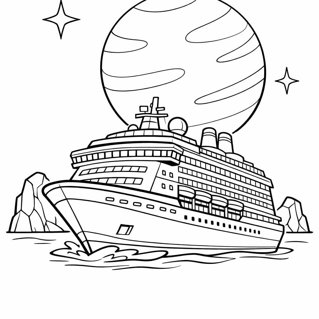 Free printable coloring page: Cruise Ship Sailing Through Giant Waves With Dolphins…, for ages 7-12