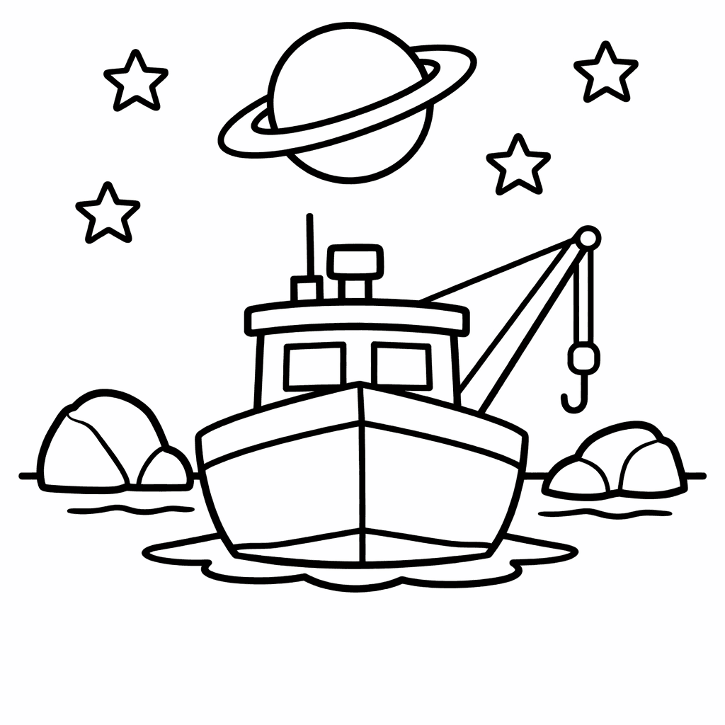 Free printable coloring page: Pirate-themed Fishing Boat With Treasure Chests And Sails., for ages 3-6