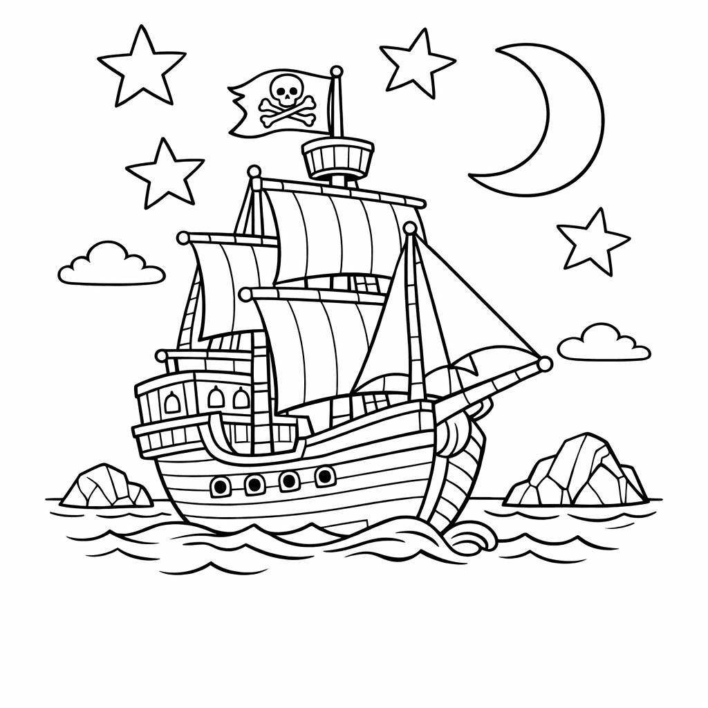 Free printable coloring page: Pirate Ship Anchored Near A Tropical Island, Treasure…, for ages 7-12