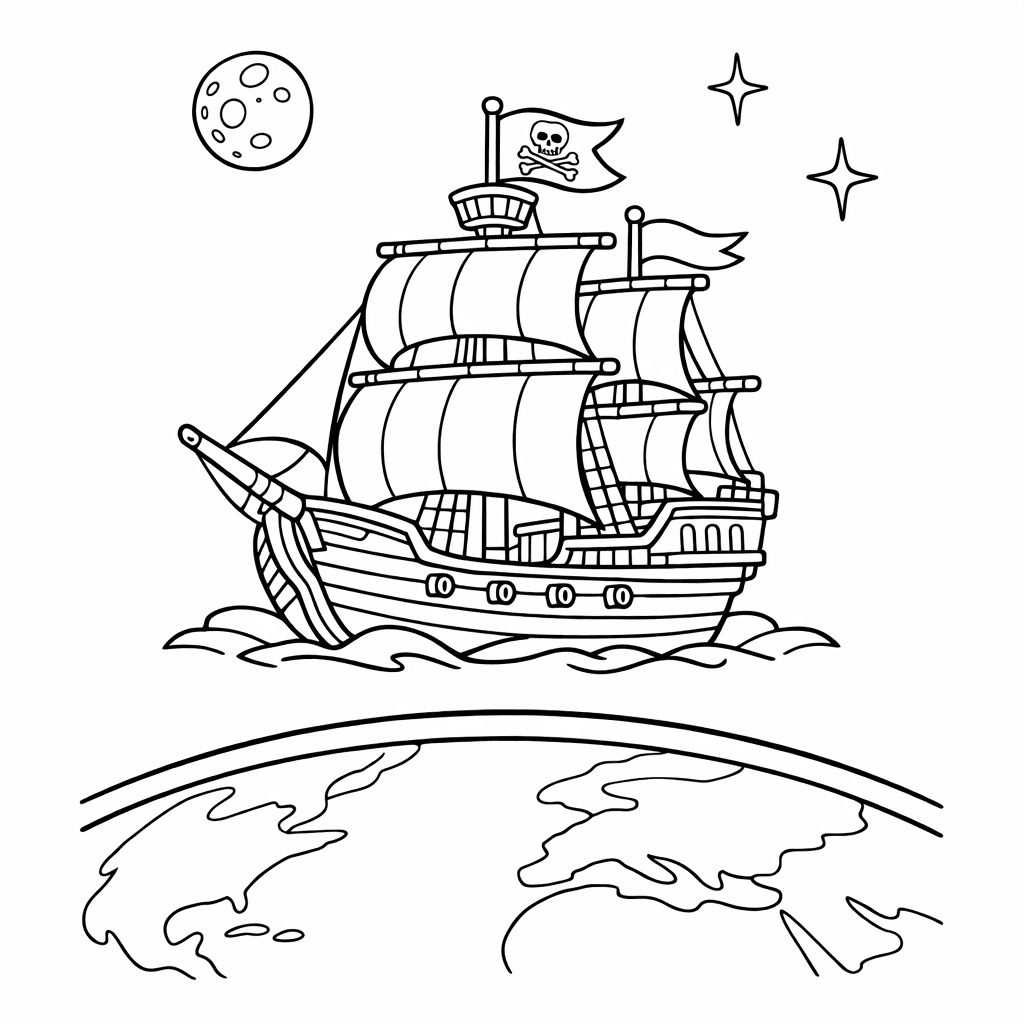 Free printable coloring page: Pirate Ship Sailing Beneath The Night Sky, Stars…, for ages 7-12