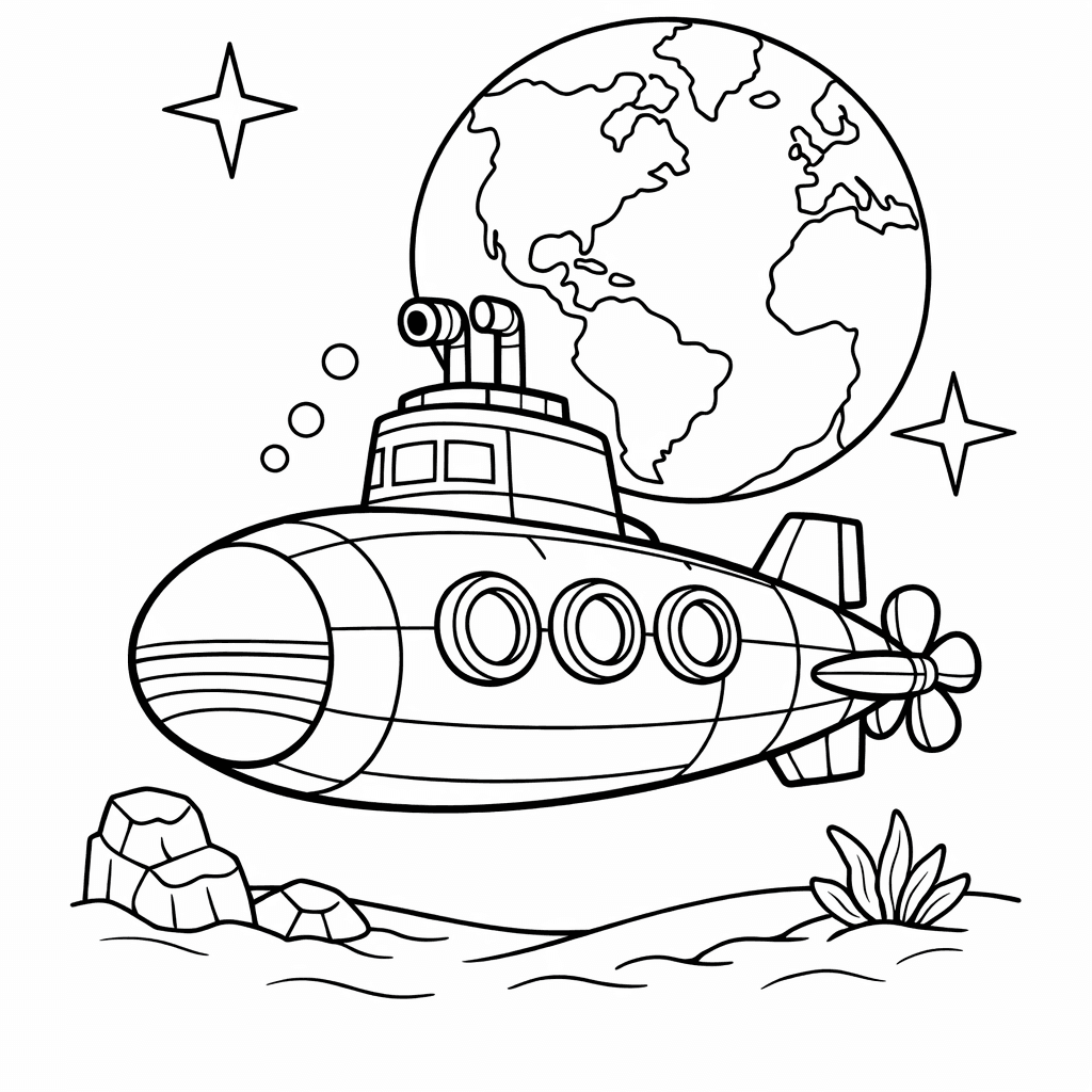 Free printable coloring page: Submarine Launching A Colorful Rocket From Its Top…, for ages 7-12