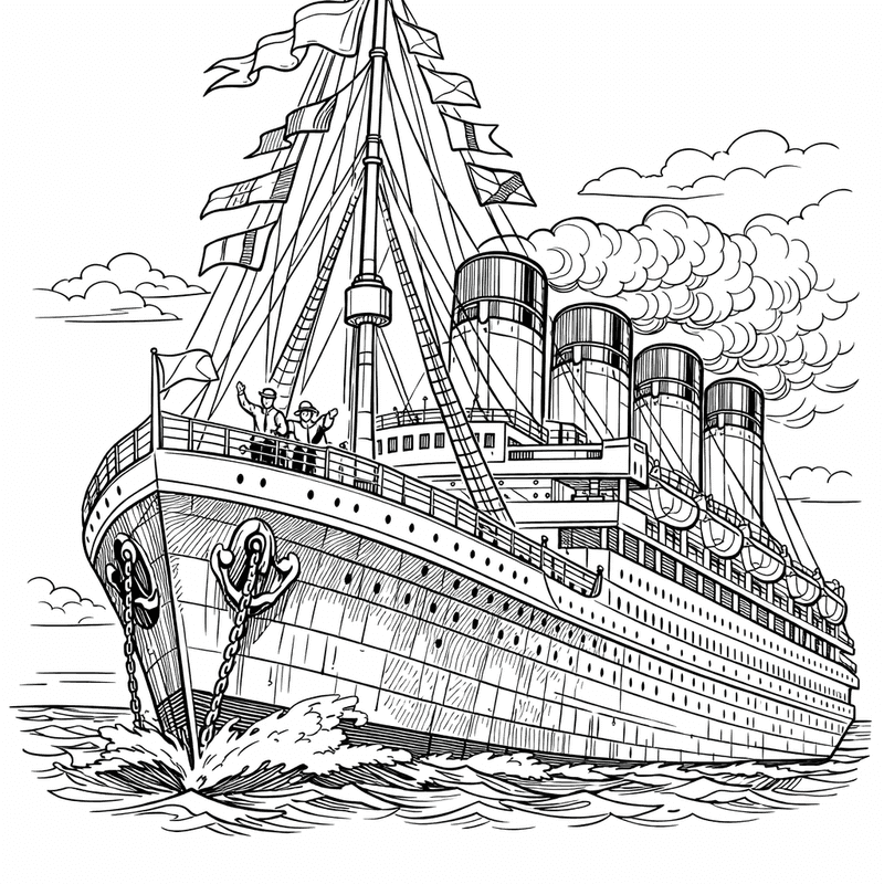 Free printable coloring page: Titanic At Dock Before Voyage, for ages 7-12