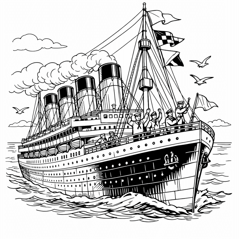 Free printable coloring page: Object Only: A Cute Titanic With Clean Outlines, No Background, for ages 7-12