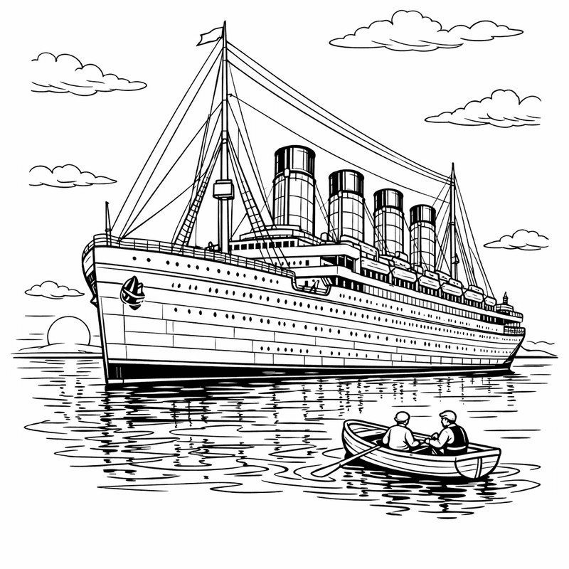Free printable coloring page: Titanic Sinking Into Ocean, for ages 7-12