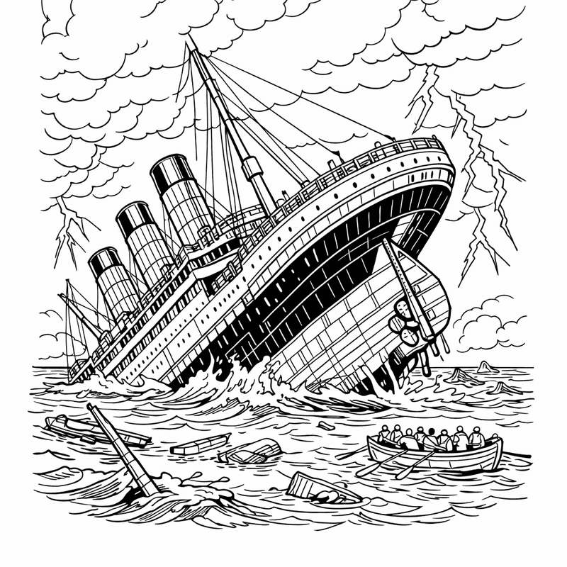 Free printable coloring page: Titanic Sinking Into Ocean, for ages 7-12