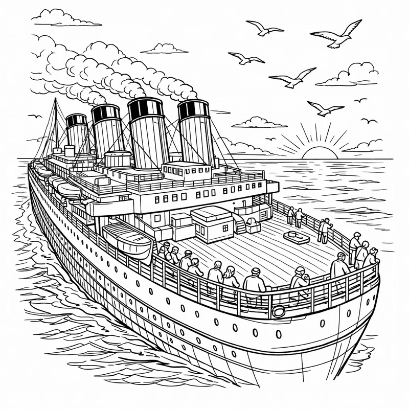Free printable coloring page: Titanic Sailing Intact On Ocean, for ages 7-12