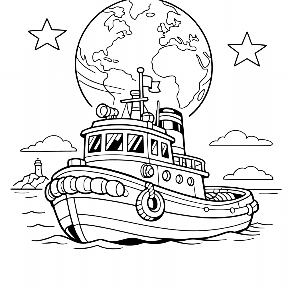 Free printable coloring page: Tugboat Towing A Giant Rainbow-colored Whale In Clear…, for ages 7-12