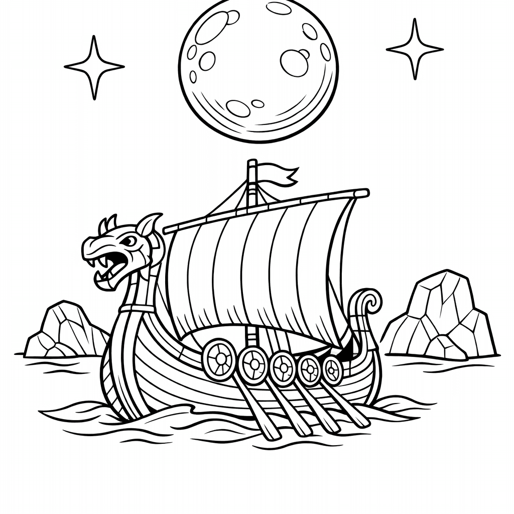Free printable coloring page: Viking Ship Anchored Near A Tranquil Beach, Children…, for ages 7-12