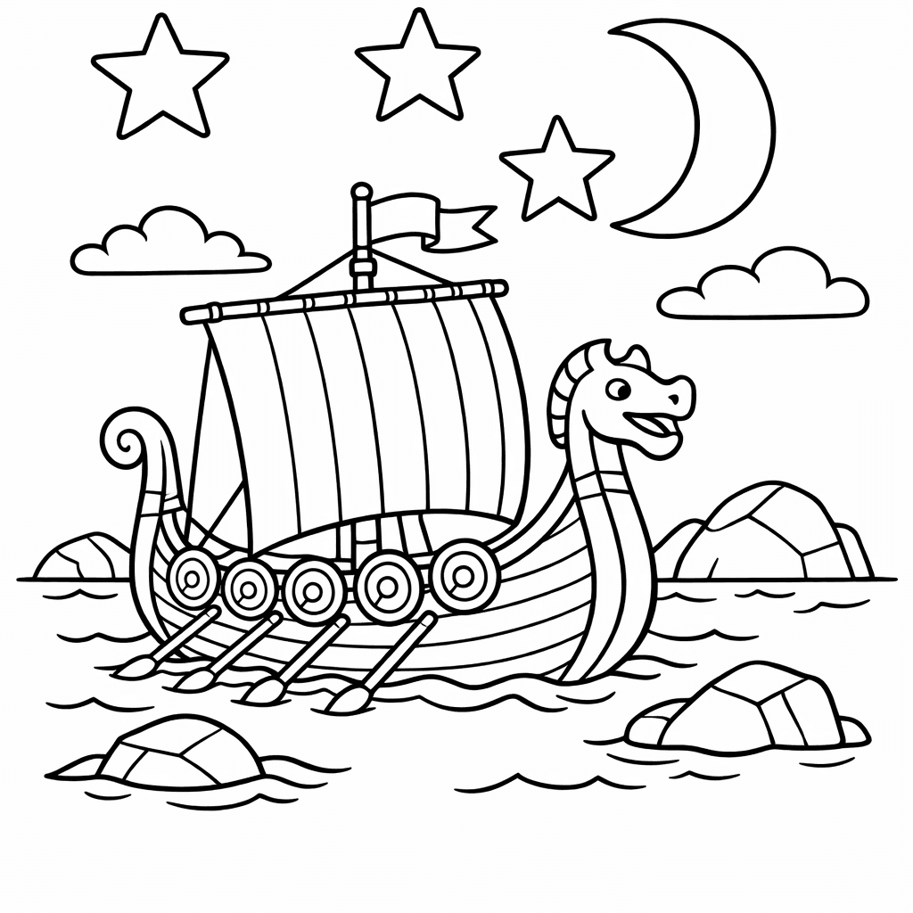 Free printable coloring page: Viking Ship In A Fierce Battle, Warriors Wielding…, for ages 7-12