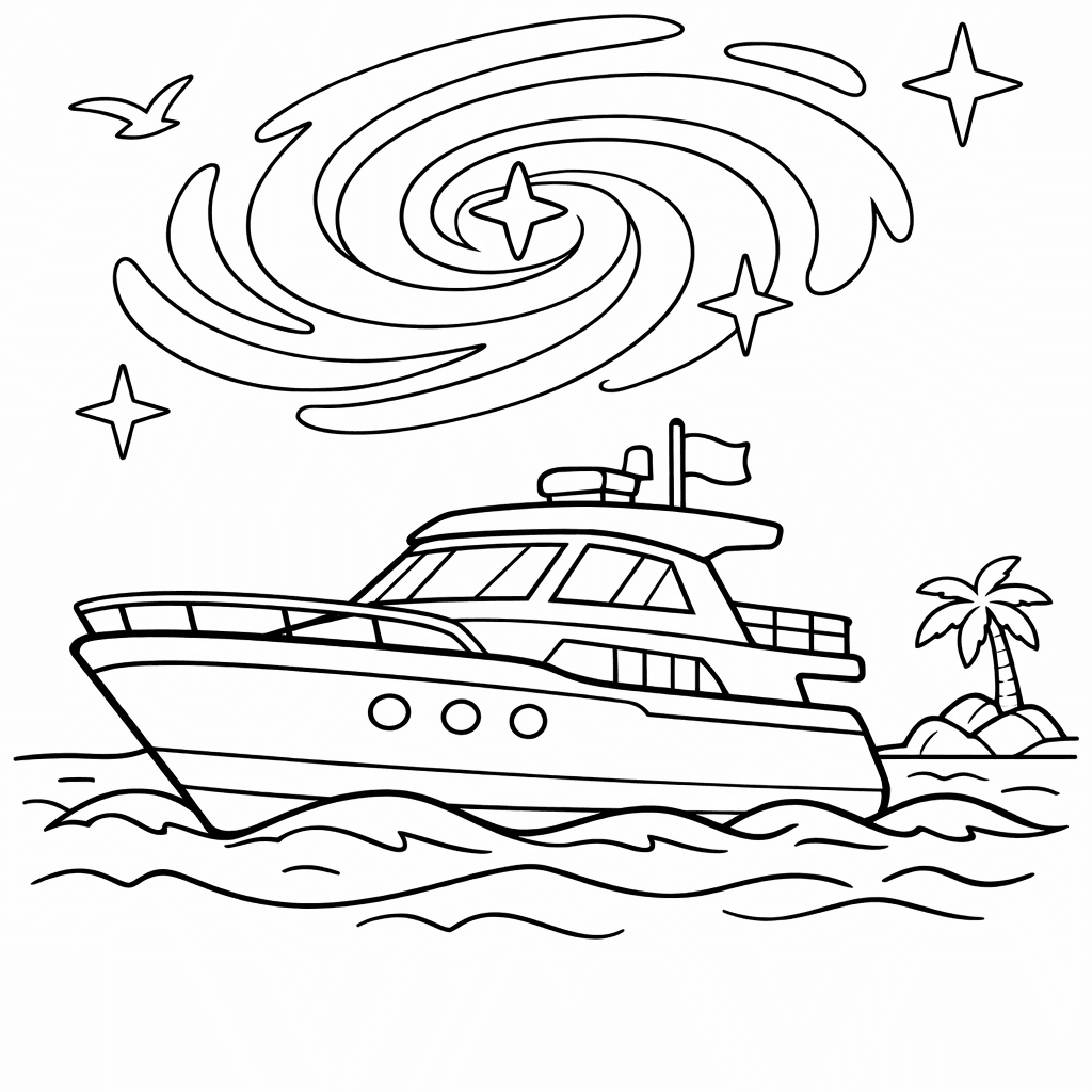 Free printable coloring page: A Cheerful Family Picnics On A Yacht Deck…, for ages 7-12