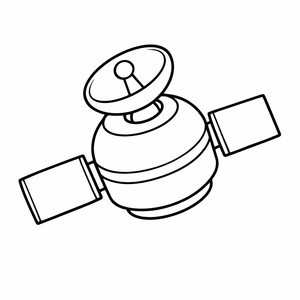Free printable coloring page: A Colorful Satellite Spins Gracefully Above A Bustling…, for ages 3-6