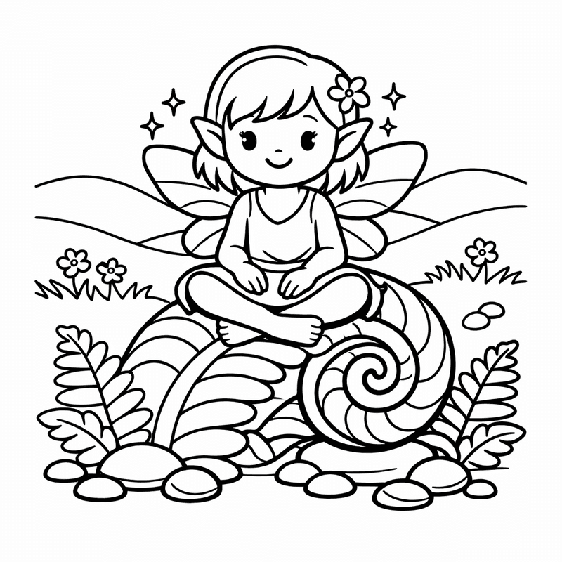 Free printable coloring page: A Fairy Watering Tiny Flowers In A Garden, for ages 3-6