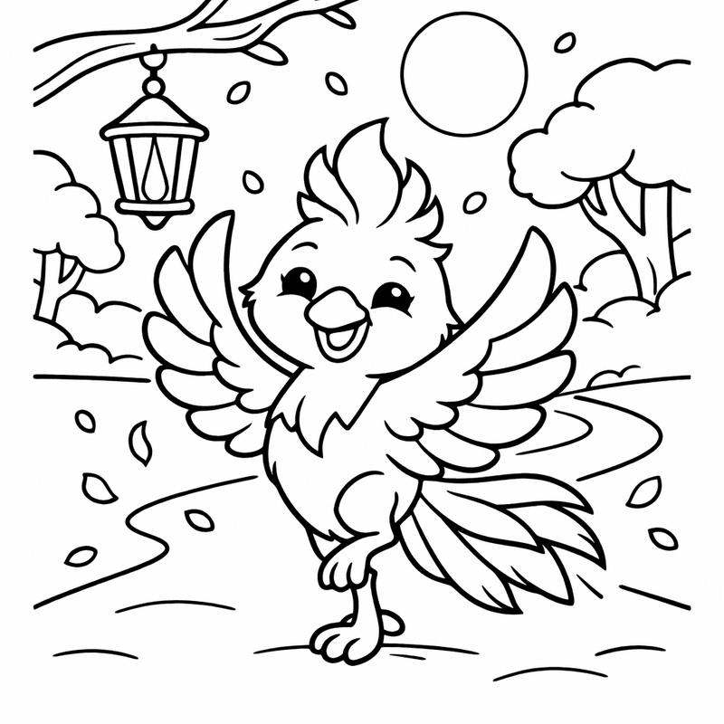 Free printable coloring page: A Phoenix Perched On A Branch With Flowing Tail Feathers, for ages 3-6