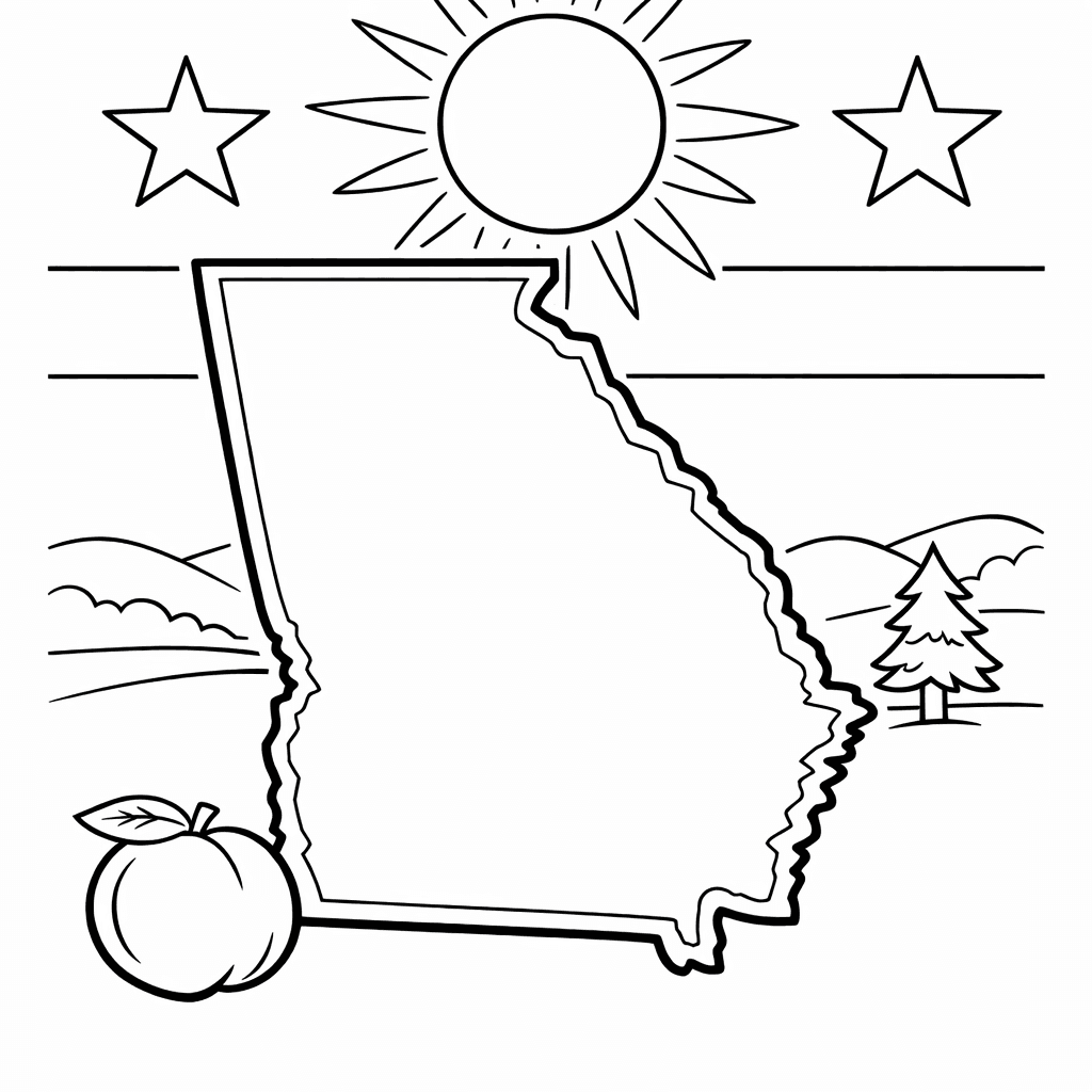Free printable coloring page: Georgia Peach Orchard With Children Picking Fruit Together., for ages 7-12