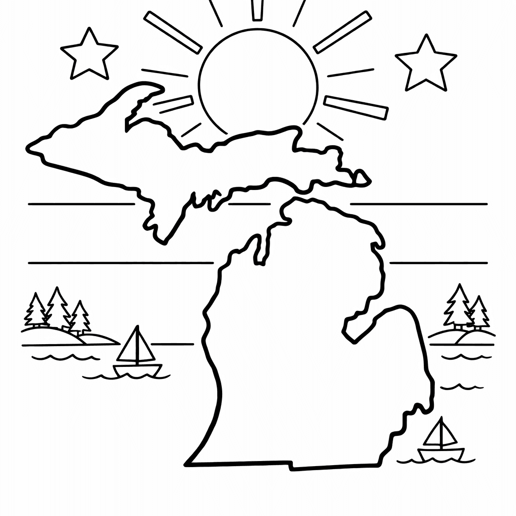 Michigan Coloring Page — Kids Building A Snowman With Michigan's Lake Michigan…