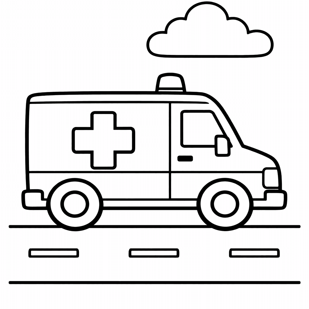 Free printable coloring page: At A Serene Park, A Parked Ambulance Rests…, for ages 3-6