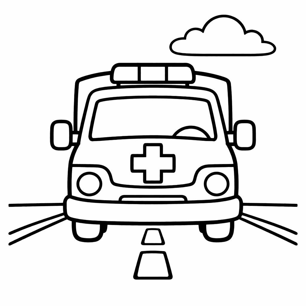 Free printable coloring page: At A Serene Park, A Parked Ambulance Rests…, for ages 3-6