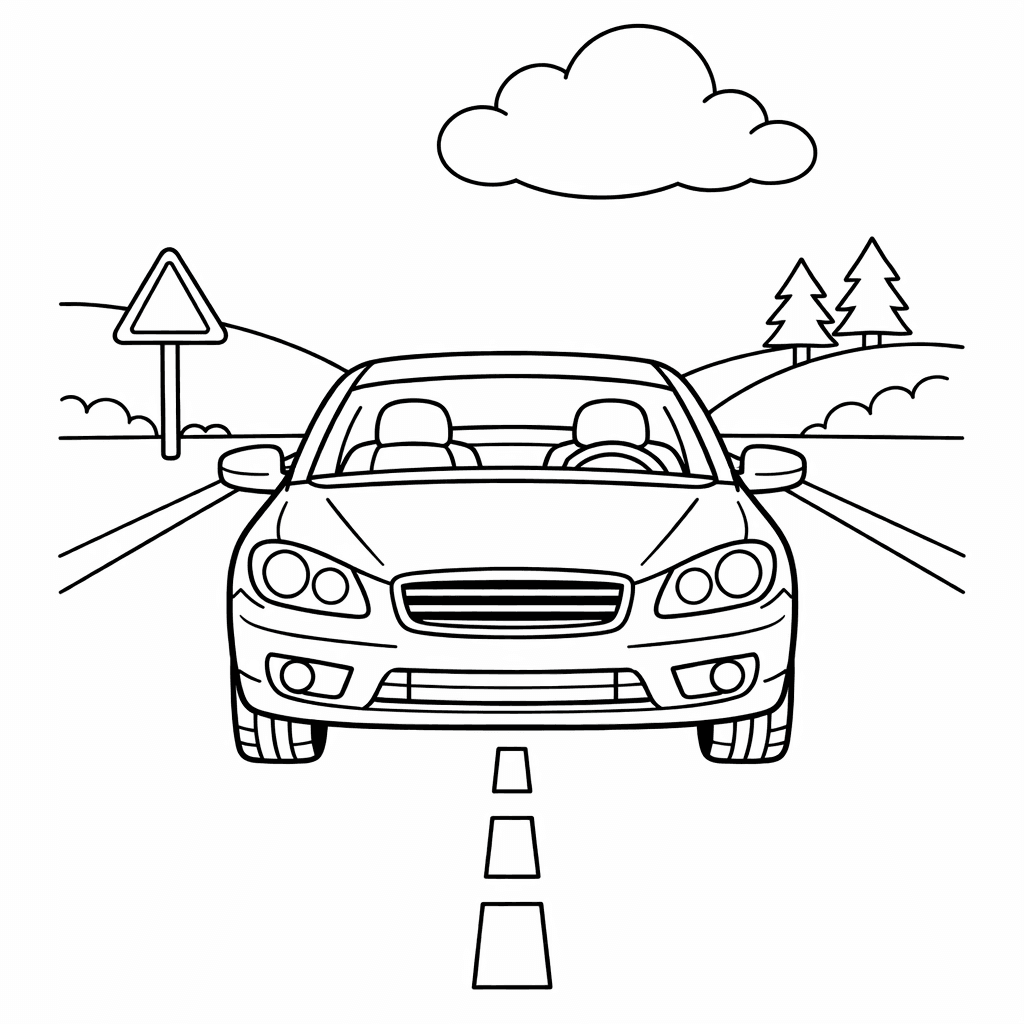 Free printable coloring page: Car And Road, for ages 7-12